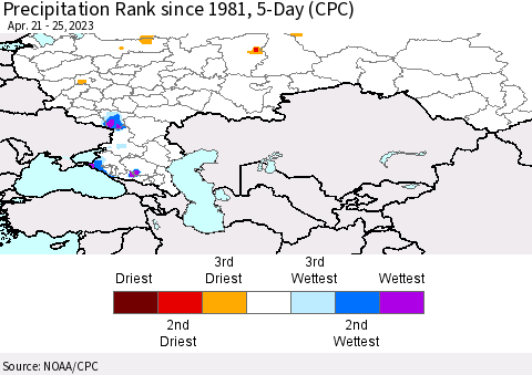 Russian Federation Precipitation Rank since 1981, 5-Day (CPC) Thematic Map For 4/21/2023 - 4/25/2023