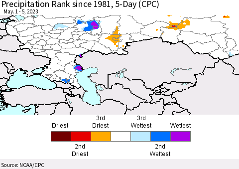Russian Federation Precipitation Rank since 1981, 5-Day (CPC) Thematic Map For 5/1/2023 - 5/5/2023