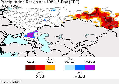 Russian Federation Precipitation Rank since 1981, 5-Day (CPC) Thematic Map For 6/1/2023 - 6/5/2023