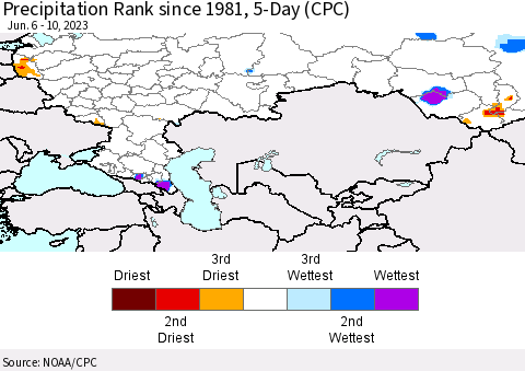 Russian Federation Precipitation Rank since 1981, 5-Day (CPC) Thematic Map For 6/6/2023 - 6/10/2023