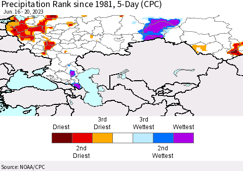 Russian Federation Precipitation Rank since 1981, 5-Day (CPC) Thematic Map For 6/16/2023 - 6/20/2023
