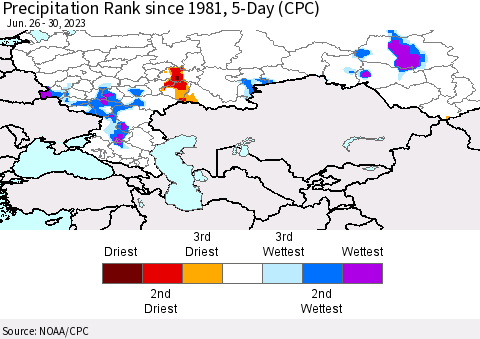 Russian Federation Precipitation Rank since 1981, 5-Day (CPC) Thematic Map For 6/26/2023 - 6/30/2023