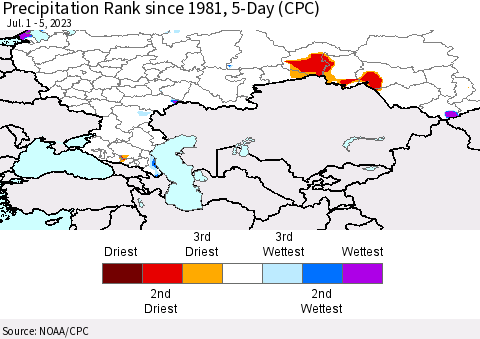 Russian Federation Precipitation Rank since 1981, 5-Day (CPC) Thematic Map For 7/1/2023 - 7/5/2023