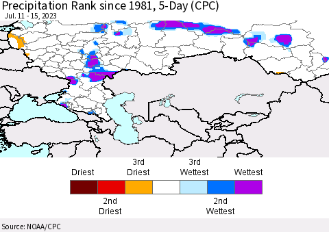 Russian Federation Precipitation Rank since 1981, 5-Day (CPC) Thematic Map For 7/11/2023 - 7/15/2023