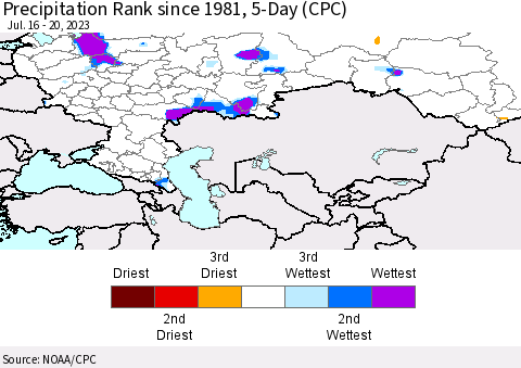 Russian Federation Precipitation Rank since 1981, 5-Day (CPC) Thematic Map For 7/16/2023 - 7/20/2023