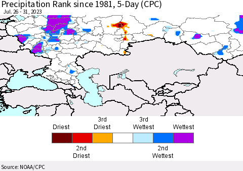 Russian Federation Precipitation Rank since 1981, 5-Day (CPC) Thematic Map For 7/26/2023 - 7/31/2023