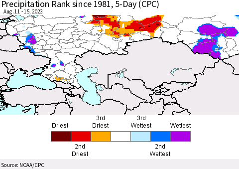 Russian Federation Precipitation Rank since 1981, 5-Day (CPC) Thematic Map For 8/11/2023 - 8/15/2023