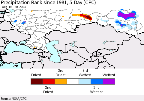 Russian Federation Precipitation Rank since 1981, 5-Day (CPC) Thematic Map For 8/16/2023 - 8/20/2023