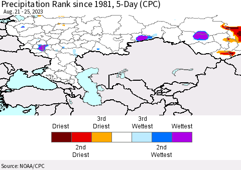 Russian Federation Precipitation Rank since 1981, 5-Day (CPC) Thematic Map For 8/21/2023 - 8/25/2023