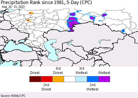 Russian Federation Precipitation Rank since 1981, 5-Day (CPC) Thematic Map For 8/26/2023 - 8/31/2023