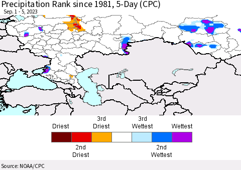 Russian Federation Precipitation Rank since 1981, 5-Day (CPC) Thematic Map For 9/1/2023 - 9/5/2023