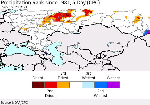 Russian Federation Precipitation Rank since 1981, 5-Day (CPC) Thematic Map For 9/16/2023 - 9/20/2023