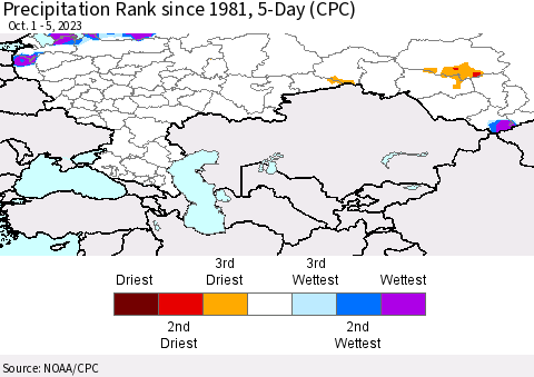 Russian Federation Precipitation Rank since 1981, 5-Day (CPC) Thematic Map For 10/1/2023 - 10/5/2023