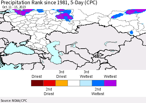 Russian Federation Precipitation Rank since 1981, 5-Day (CPC) Thematic Map For 10/11/2023 - 10/15/2023
