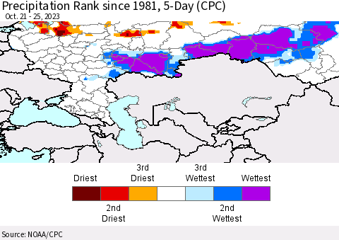 Russian Federation Precipitation Rank since 1981, 5-Day (CPC) Thematic Map For 10/21/2023 - 10/25/2023