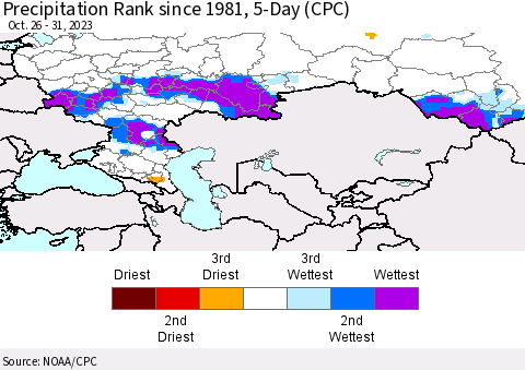 Russian Federation Precipitation Rank since 1981, 5-Day (CPC) Thematic Map For 10/26/2023 - 10/31/2023