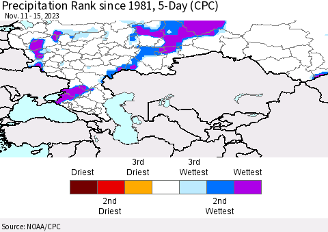 Russian Federation Precipitation Rank since 1981, 5-Day (CPC) Thematic Map For 11/11/2023 - 11/15/2023