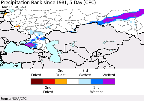 Russian Federation Precipitation Rank since 1981, 5-Day (CPC) Thematic Map For 11/16/2023 - 11/20/2023