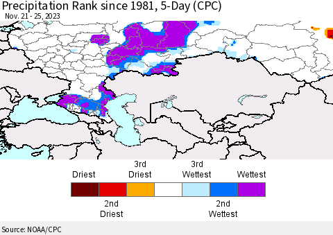 Russian Federation Precipitation Rank since 1981, 5-Day (CPC) Thematic Map For 11/21/2023 - 11/25/2023