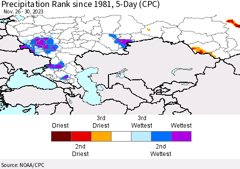 Russian Federation Precipitation Rank since 1981, 5-Day (CPC) Thematic Map For 11/26/2023 - 11/30/2023