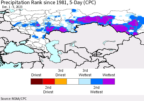 Russian Federation Precipitation Rank since 1981, 5-Day (CPC) Thematic Map For 12/1/2023 - 12/5/2023