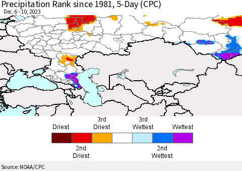 Russian Federation Precipitation Rank since 1981, 5-Day (CPC) Thematic Map For 12/6/2023 - 12/10/2023