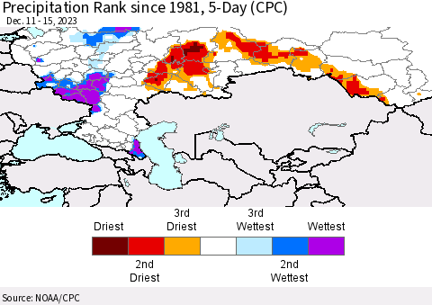 Russian Federation Precipitation Rank since 1981, 5-Day (CPC) Thematic Map For 12/11/2023 - 12/15/2023
