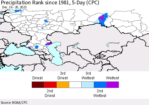 Russian Federation Precipitation Rank since 1981, 5-Day (CPC) Thematic Map For 12/16/2023 - 12/20/2023