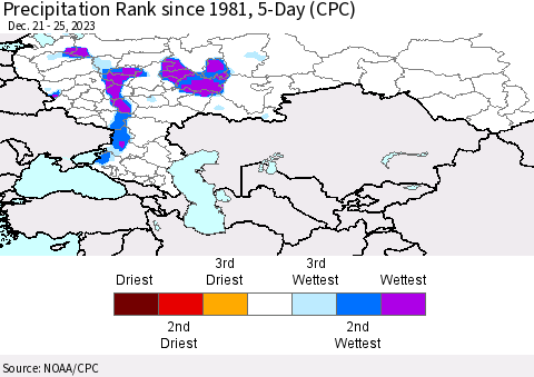 Russian Federation Precipitation Rank since 1981, 5-Day (CPC) Thematic Map For 12/21/2023 - 12/25/2023
