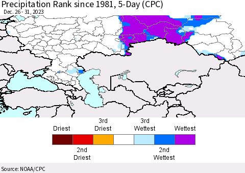 Russian Federation Precipitation Rank since 1981, 5-Day (CPC) Thematic Map For 12/26/2023 - 12/31/2023