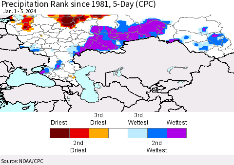 Russian Federation Precipitation Rank since 1981, 5-Day (CPC) Thematic Map For 1/1/2024 - 1/5/2024