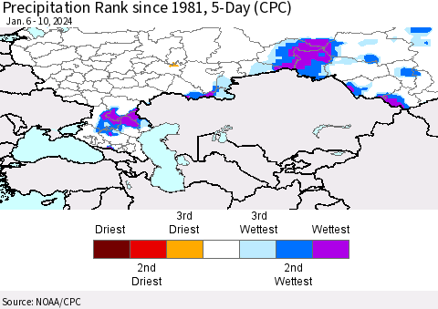 Russian Federation Precipitation Rank since 1981, 5-Day (CPC) Thematic Map For 1/6/2024 - 1/10/2024