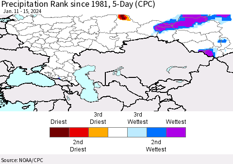 Russian Federation Precipitation Rank since 1981, 5-Day (CPC) Thematic Map For 1/11/2024 - 1/15/2024