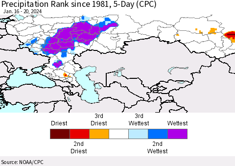 Russian Federation Precipitation Rank since 1981, 5-Day (CPC) Thematic Map For 1/16/2024 - 1/20/2024