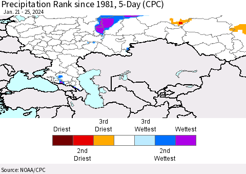 Russian Federation Precipitation Rank since 1981, 5-Day (CPC) Thematic Map For 1/21/2024 - 1/25/2024