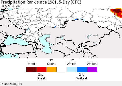 Russian Federation Precipitation Rank since 1981, 5-Day (CPC) Thematic Map For 1/26/2024 - 1/31/2024