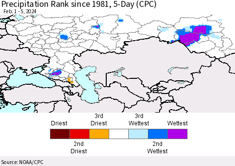 Russian Federation Precipitation Rank since 1981, 5-Day (CPC) Thematic Map For 2/1/2024 - 2/5/2024