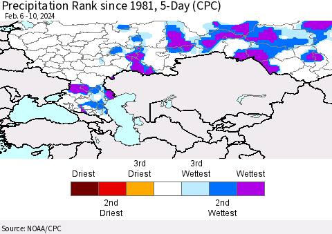 Russian Federation Precipitation Rank since 1981, 5-Day (CPC) Thematic Map For 2/6/2024 - 2/10/2024