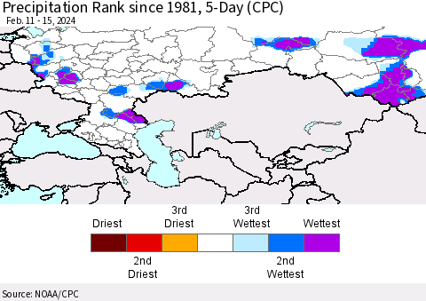 Russian Federation Precipitation Rank since 1981, 5-Day (CPC) Thematic Map For 2/11/2024 - 2/15/2024