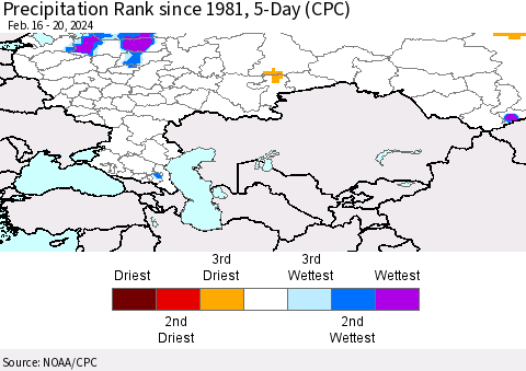 Russian Federation Precipitation Rank since 1981, 5-Day (CPC) Thematic Map For 2/16/2024 - 2/20/2024