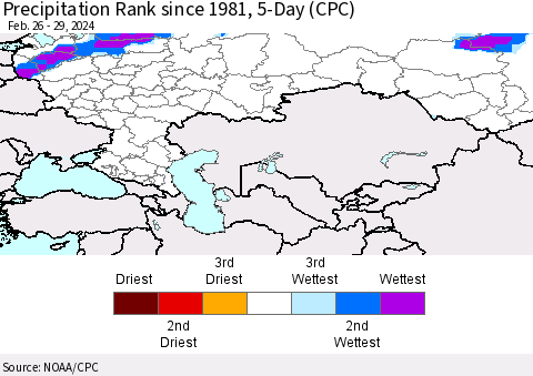 Russian Federation Precipitation Rank since 1981, 5-Day (CPC) Thematic Map For 2/26/2024 - 2/29/2024
