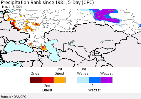 Russian Federation Precipitation Rank since 1981, 5-Day (CPC) Thematic Map For 3/1/2024 - 3/5/2024