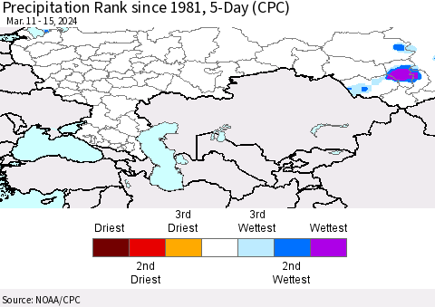 Russian Federation Precipitation Rank since 1981, 5-Day (CPC) Thematic Map For 3/11/2024 - 3/15/2024