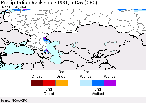 Russian Federation Precipitation Rank since 1981, 5-Day (CPC) Thematic Map For 3/16/2024 - 3/20/2024