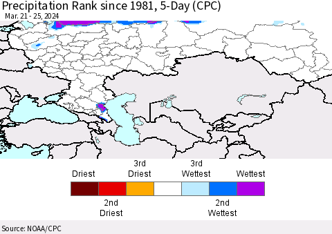 Russian Federation Precipitation Rank since 1981, 5-Day (CPC) Thematic Map For 3/21/2024 - 3/25/2024