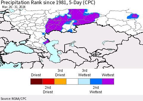 Russian Federation Precipitation Rank since 1981, 5-Day (CPC) Thematic Map For 3/26/2024 - 3/31/2024