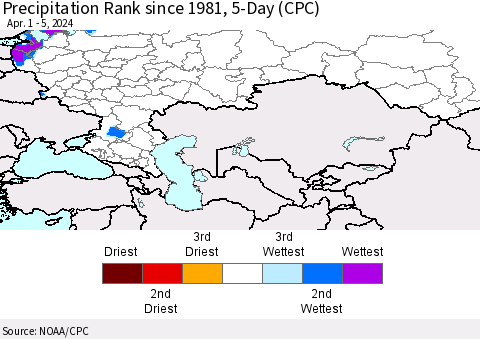 Russian Federation Precipitation Rank since 1981, 5-Day (CPC) Thematic Map For 4/1/2024 - 4/5/2024