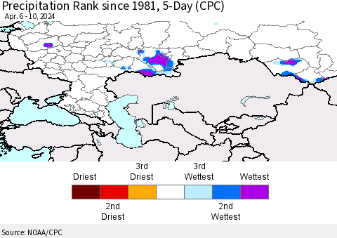 Russian Federation Precipitation Rank since 1981, 5-Day (CPC) Thematic Map For 4/6/2024 - 4/10/2024