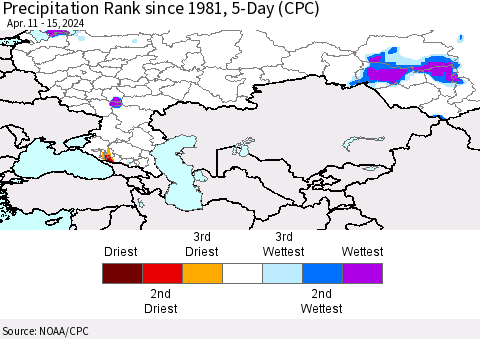 Russian Federation Precipitation Rank since 1981, 5-Day (CPC) Thematic Map For 4/11/2024 - 4/15/2024