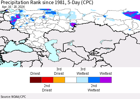 Russian Federation Precipitation Rank since 1981, 5-Day (CPC) Thematic Map For 4/16/2024 - 4/20/2024